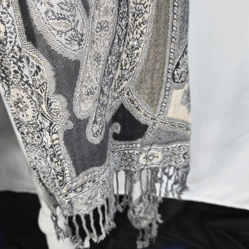 Designer Black & Off-White Shawl Scarf Wrap with Fringed Edges Very Soft
